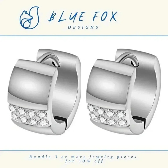 *NEW* Stainless Steel Wide Huggies w/  Cubic Zirconia (SILVER) - Picture 1 of 3